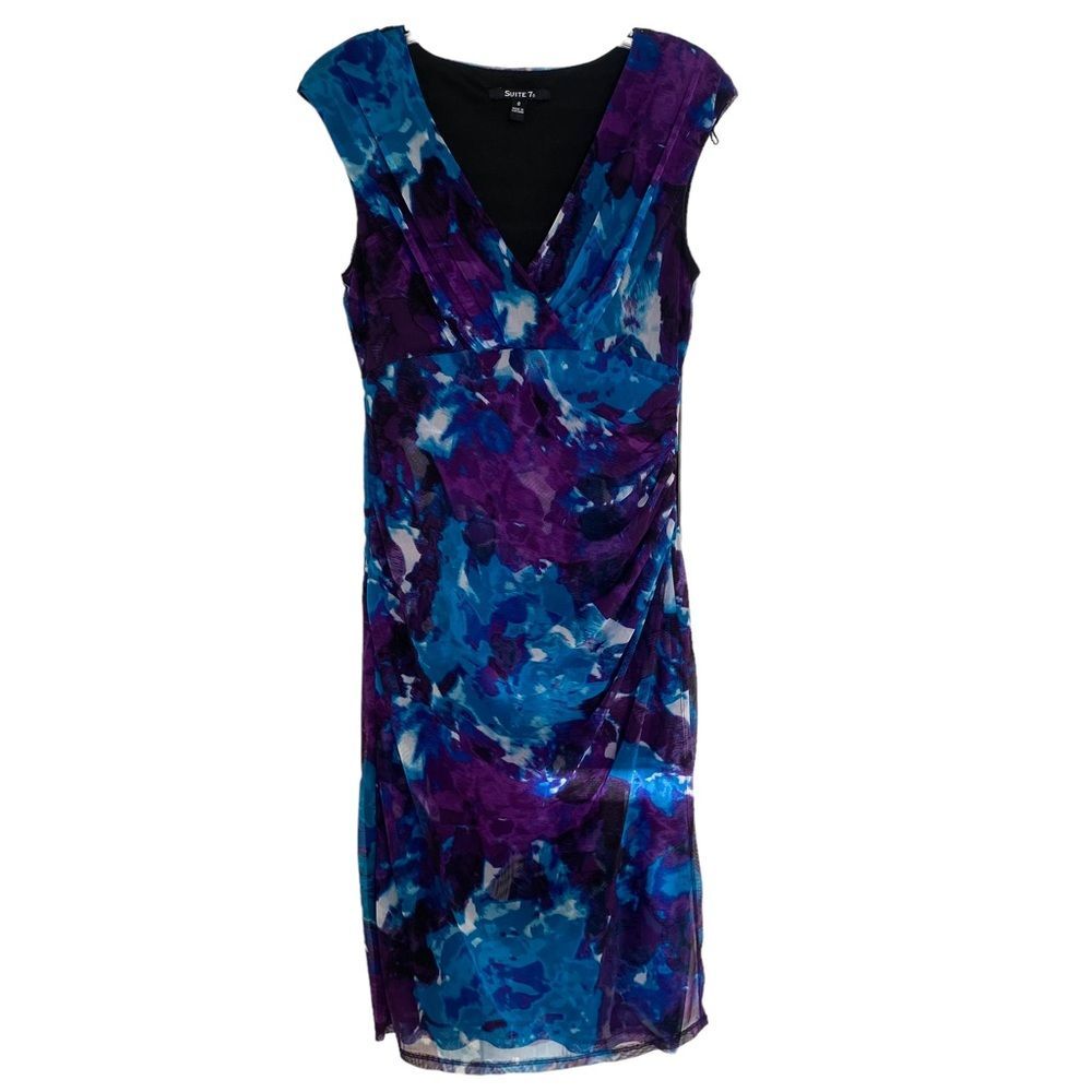 Suite 7 Purple Blue Abstract Mesh Midi Dress Size 8 Fitted Cap Sleeve Formal
